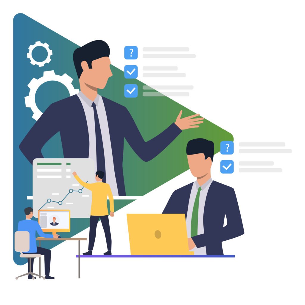 Coworkers planning and making objective. Boss, manager, online conference, office. Business concept. Vector illustration for poster, presentation, new project