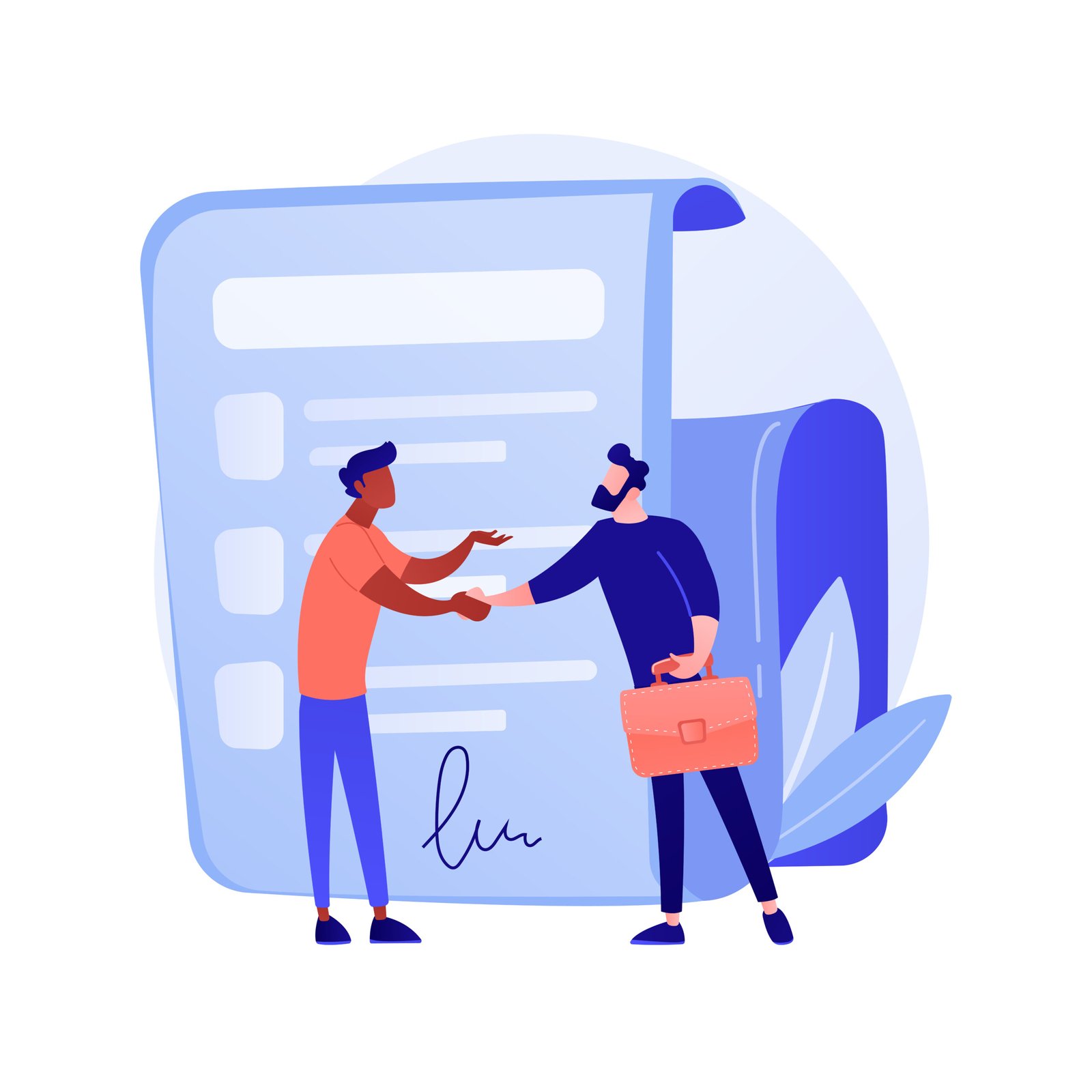 Signing contract. Official document, agreement, deal commitment. Businessmen cartoon characters shaking hands. Legal contract with signature. Vector isolated concept metaphor illustration